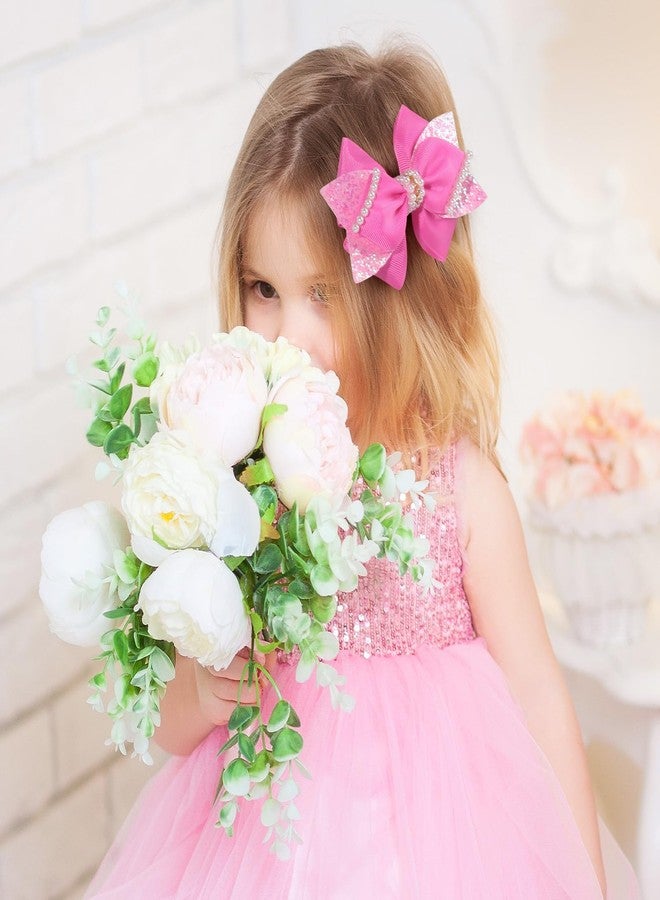 مشابك شعر لامعة مزينة بترتر لامع مقاس 4 بوصات، دبابيس شعر على شكل فيونكة من اللؤلؤ لحفلات الزفاف، مناسبة للمراهقات والأطفال الصغار، إكسسوار لتزيين فساتين حفلات أعياد ميلاد الفتيات المشجعات (وردي) - Image 4